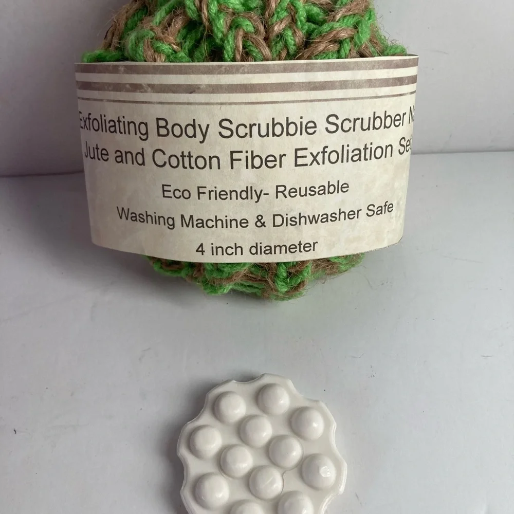 Triple Milled Soap with Face and Body Wash Tan Neon Apple Green Scrubbies Set